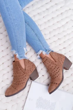 Botki Damskie Na Słupku Ażurowe z Wycięciami Brązowe Mediolan