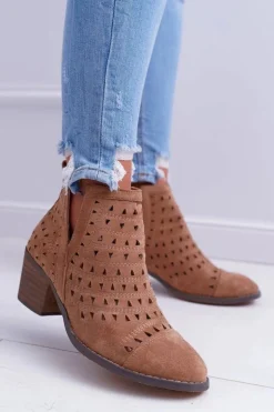 Botki Damskie Na Słupku Ażurowe z Wycięciami Brązowe Mediolan