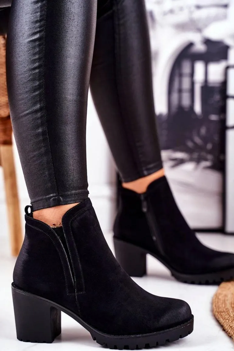 Botki Damskie Na Słupku Ciepłe Czarne Veronica