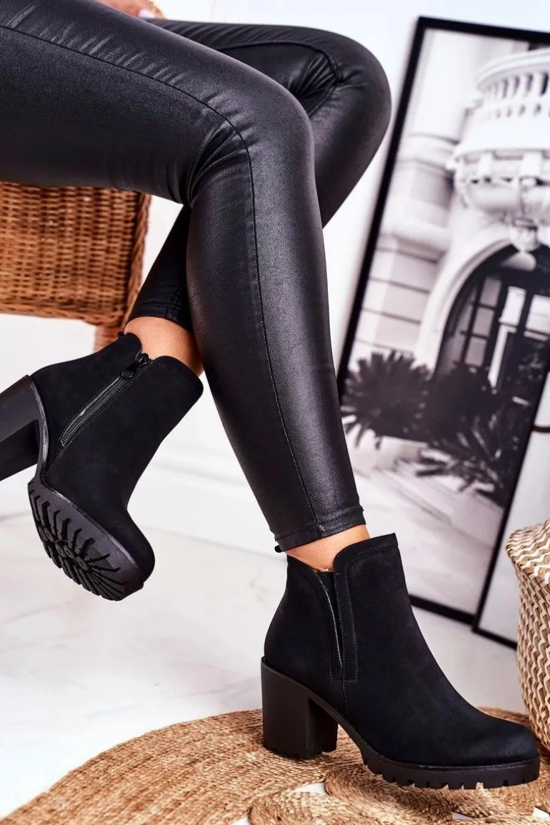 Botki Damskie Na Słupku Ciepłe Czarne Veronica