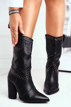 Botki Damskie Na Słupku Ciepłe Kowbojki Czarne Athens