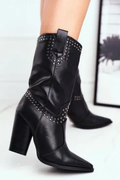 Botki Damskie Na Słupku Ciepłe Kowbojki Czarne Athens