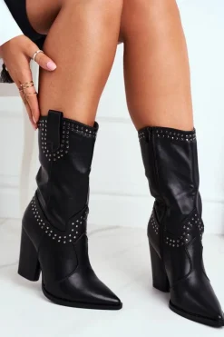 Botki Damskie Na Słupku Ciepłe Kowbojki Czarne Athens