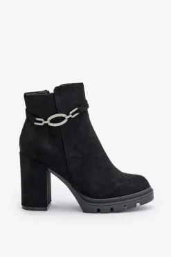 Botki Damskie Na Słupku Eko Zamszowe Z Ozdobnym Paskiem Czarne Maivone