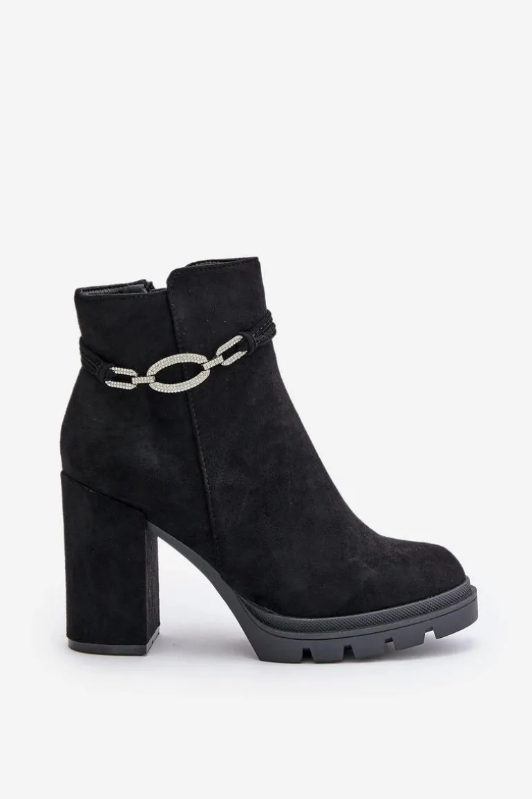 Botki Damskie Na Słupku Eko Zamszowe Z Ozdobnym Paskiem Czarne Maivone