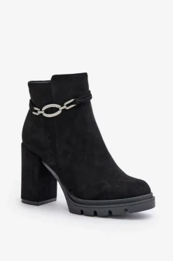 Botki Damskie Na Słupku Eko Zamszowe Z Ozdobnym Paskiem Czarne Maivone