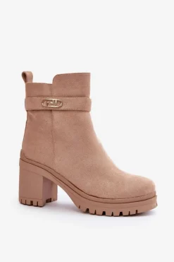 Botki Damskie Na Słupku Eko Zamszowe Ocieplane Na Zamek Beżowe Laonora