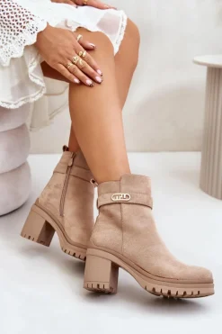 Botki Damskie Na Słupku Eko Zamszowe Ocieplane Na Zamek Beżowe Laonora