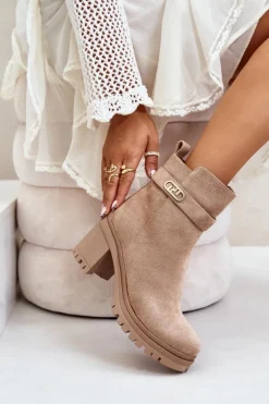 Botki Damskie Na Słupku Eko Zamszowe Ocieplane Na Zamek Beżowe Laonora