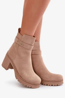 Botki Damskie Na Słupku Eko Zamszowe Ocieplane Na Zamek Beżowe Laonora