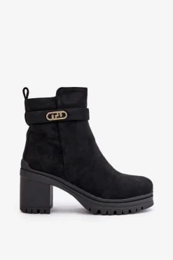 Botki Damskie Na Słupku Eko Zamszowe Ocieplane Na Zamek Czarne Laonora