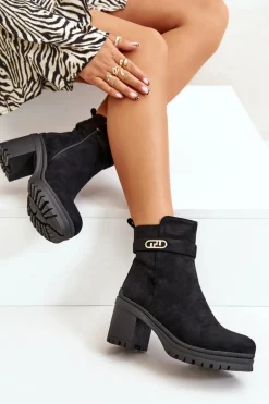 Botki Damskie Na Słupku Eko Zamszowe Ocieplane Na Zamek Czarne Laonora