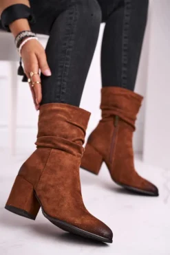 Botki Damskie Na Słupku Eko-Zamsz Camel Up Side