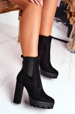 Botki Damskie Na Słupku Eko-Zamsz Czarne Juliet