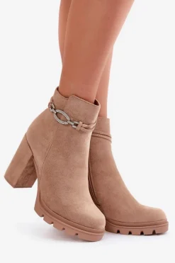 Botki Damskie Na Słupku Eko Zamszowe Z Ozdobnym Paskiem Beżowe Maivone