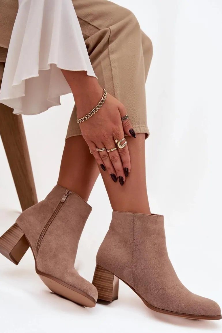 Botki Damskie Na Słupku Eko Zamszowe Beżowe Marilou