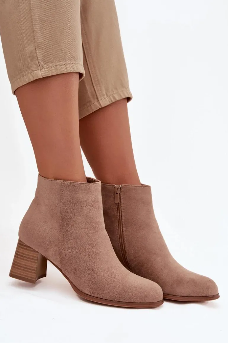 Botki Damskie Na Słupku Eko Zamszowe Beżowe Marilou