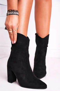 Botki Damskie Na Słupku Eko-Zamsz Czarne Ecstasy