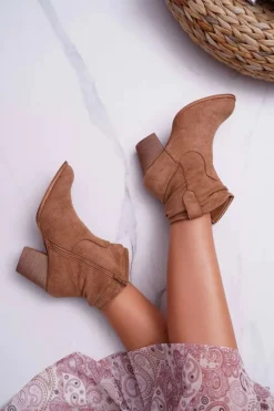 Botki Damskie Na Słupku Kowbojki Beżowe Maverick