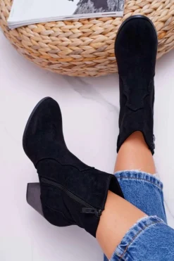 Botki Damskie Na Słupku Kowbojki Czarne Nutriso