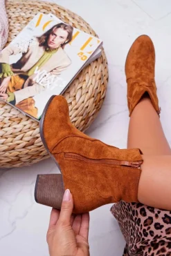 Botki Damskie Na Słupku Kowbojki Camel Nutriso