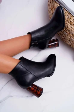 Botki Damskie Na Słupku Laura Messi Skórzane Czarne 2056