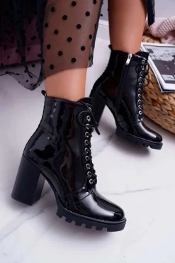 Botki Damskie Na Słupku Lakierowane Czarne Insist