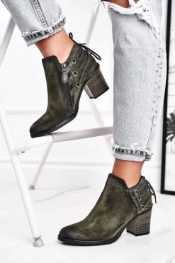 Botki Damskie Na Słupku Maciejka Wiosenne Skóra Oliwkowe 04812-24