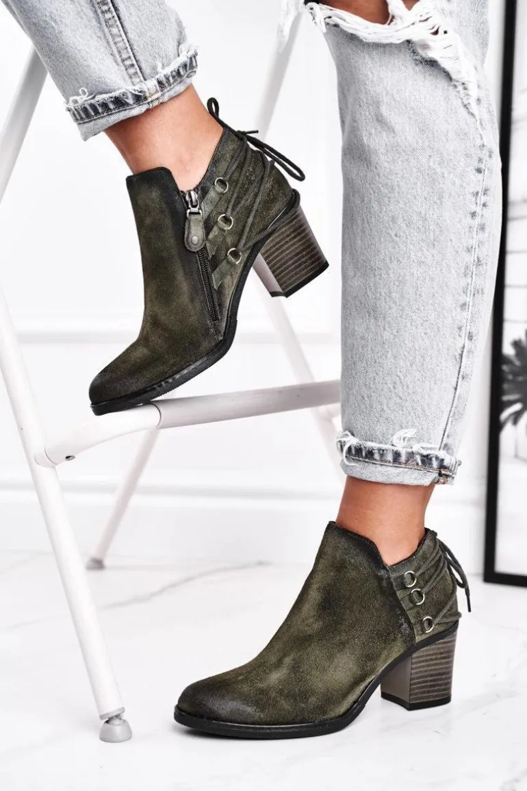 Botki Damskie Na Słupku Maciejka Wiosenne Skóra Oliwkowe 04812-24