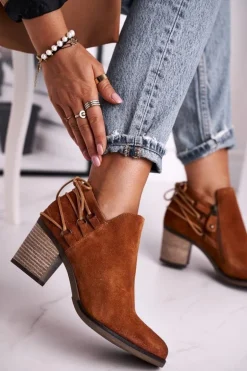 Botki Damskie Na Słupku Maciejka Skóra Rude 04812-29