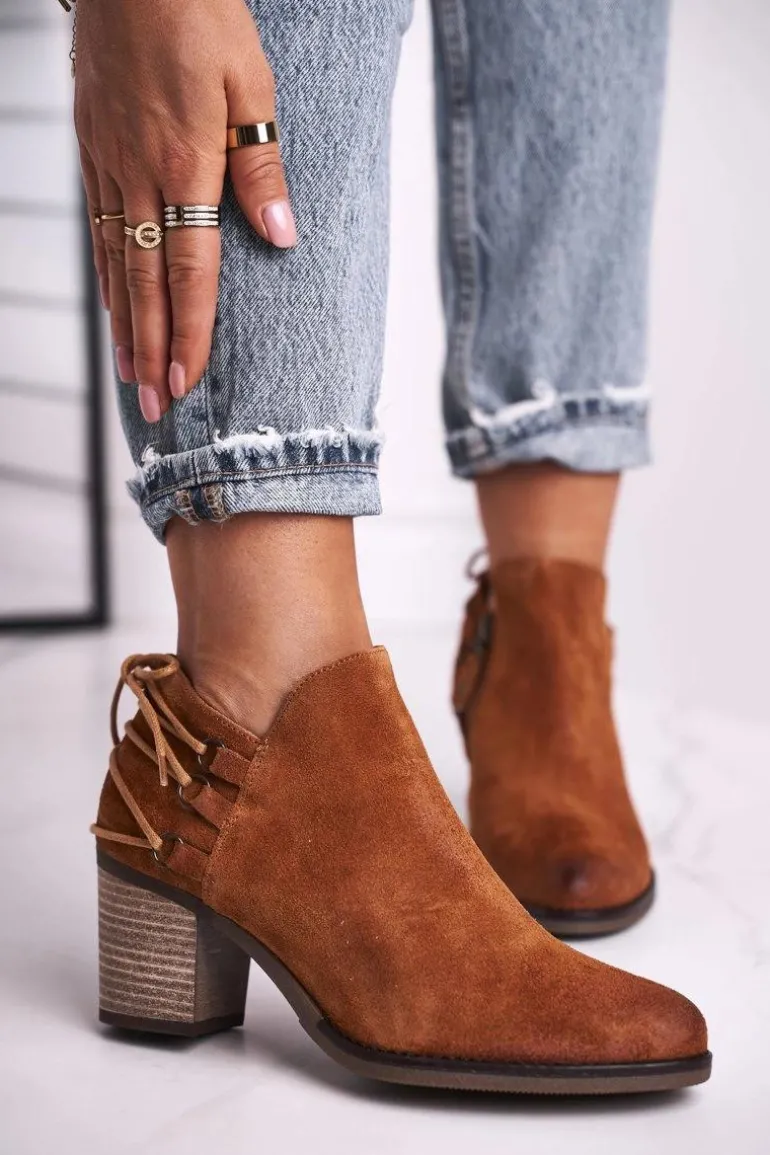 Botki Damskie Na Słupku Maciejka Skóra Rude 04812-29