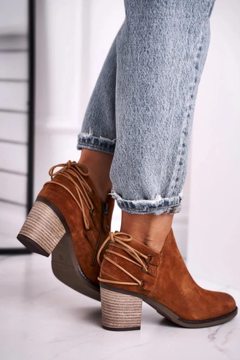 Botki Damskie Na Słupku Maciejka Skóra Rude 04812-29