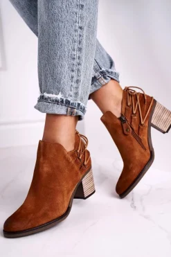 Botki Damskie Na Słupku Maciejka Skóra Rude 04812-29