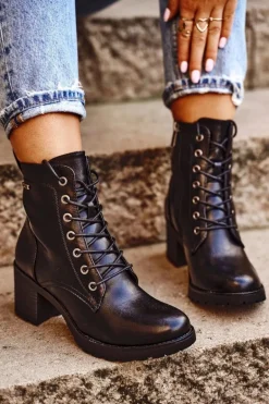 Botki Damskie Na Słupku Ocieplane Czarne Fiber