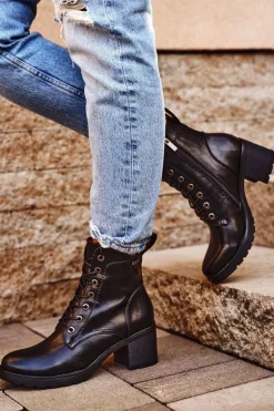 Botki Damskie Na Słupku Ocieplane Czarne Fiber