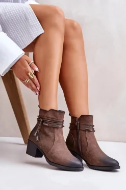 Botki Damskie Na Słupku Ocieplane Brązowe Lobina