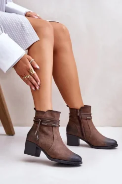 Botki Damskie Na Słupku Ocieplane Brązowe Lobina