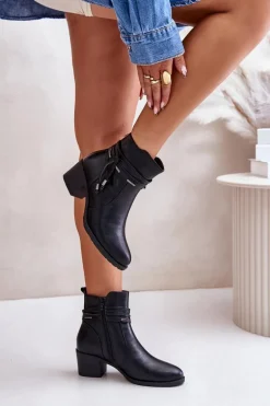 Botki Damskie Na Słupku Ocieplane Czarne Lobina