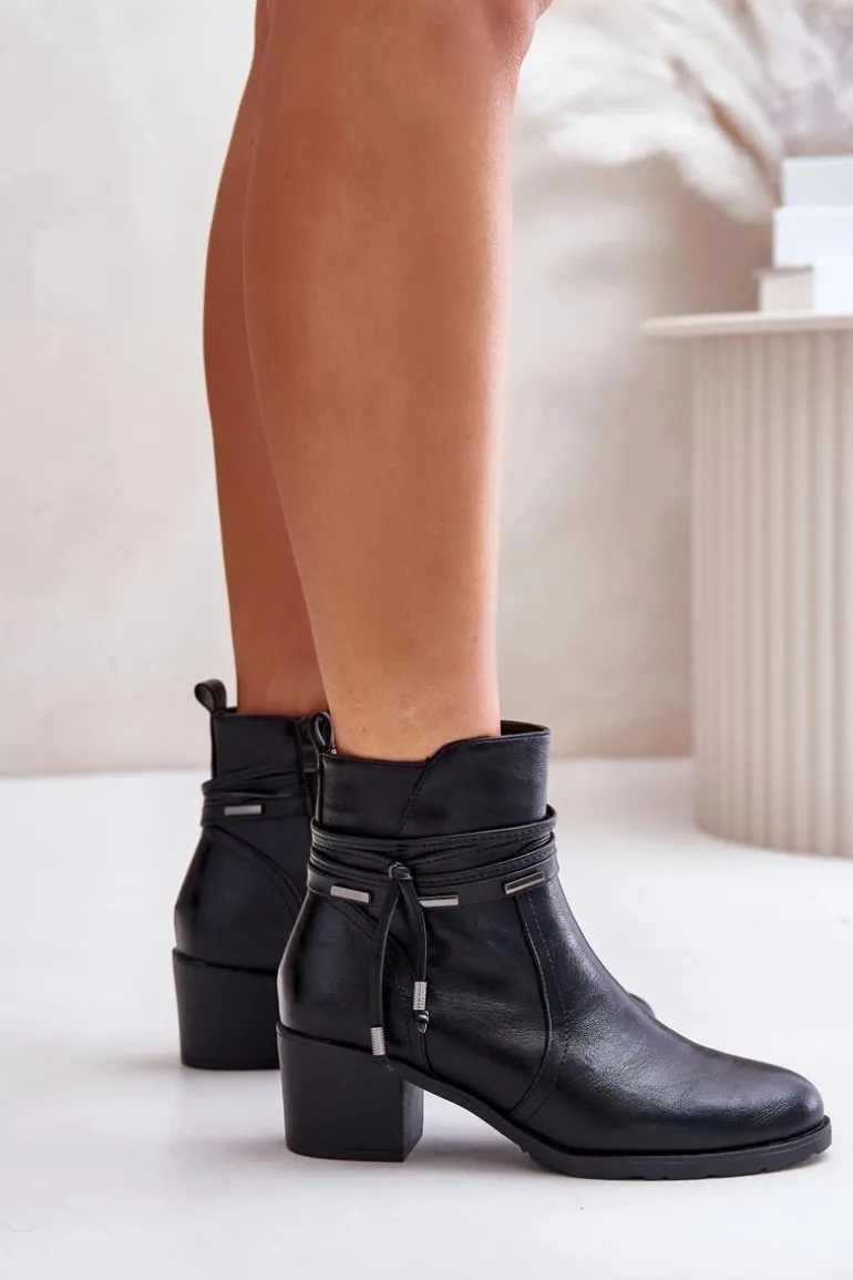 Botki Damskie Na Słupku Ocieplane Czarne Lobina