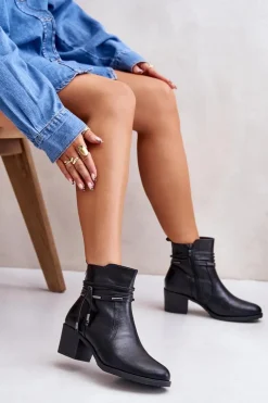 Botki Damskie Na Słupku Ocieplane Czarne Lobina