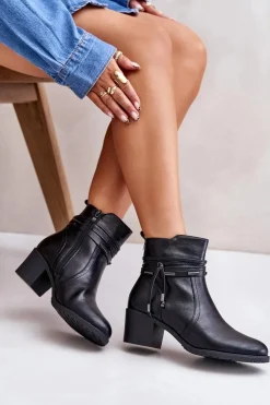 Botki Damskie Na Słupku Ocieplane Czarne Lobina