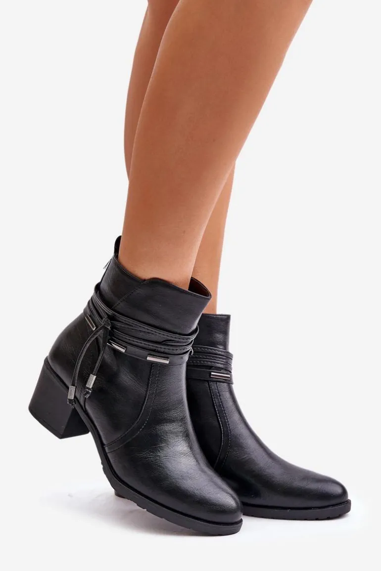 Botki Damskie Na Słupku Ocieplane Czarne Lobina