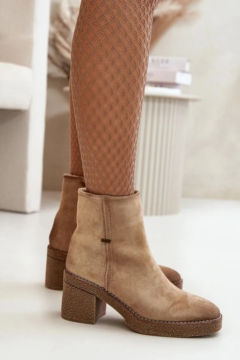 Botki Damskie Na Słupku Ocieplane Eko Zamszowe Beżowe Arkesia