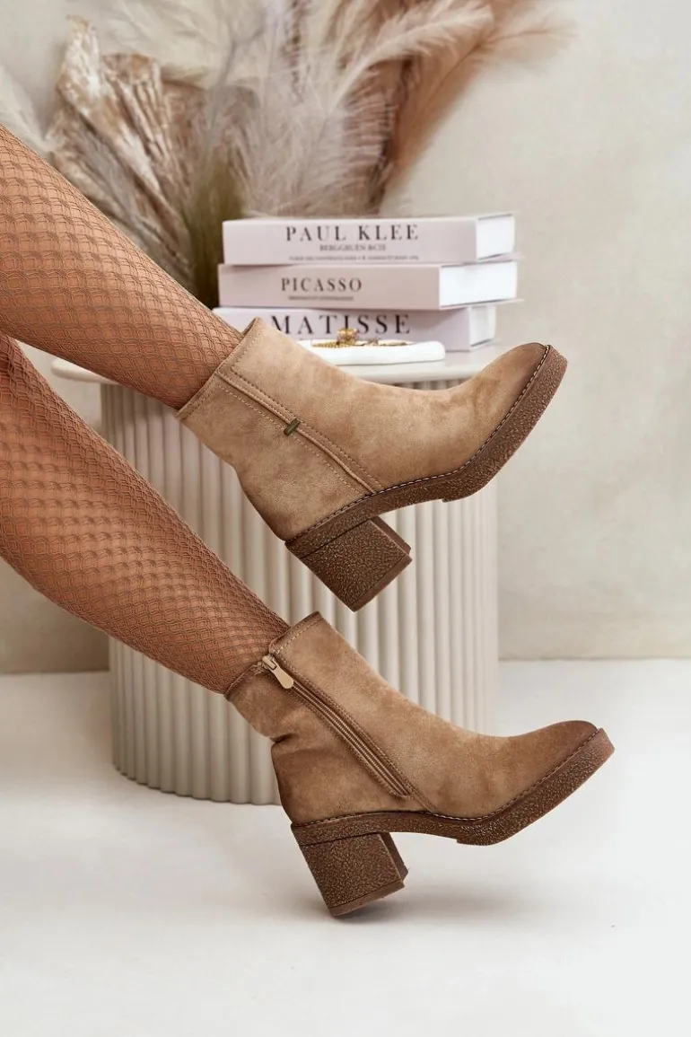 Botki Damskie Na Słupku Ocieplane Eko Zamszowe Beżowe Arkesia