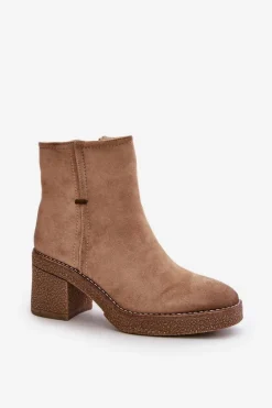 Botki Damskie Na Słupku Ocieplane Eko Zamszowe Beżowe Arkesia