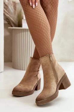 Botki Damskie Na Słupku Ocieplane Eko Zamszowe Beżowe Arkesia
