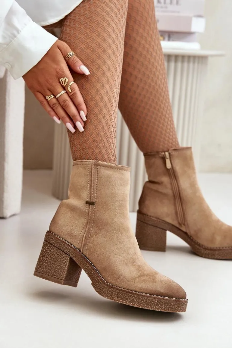 Botki Damskie Na Słupku Ocieplane Eko Zamszowe Beżowe Arkesia