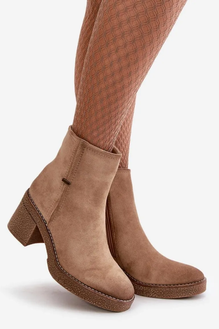 Botki Damskie Na Słupku Ocieplane Eko Zamszowe Beżowe Arkesia