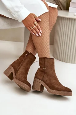 Botki Damskie Na Słupku Ocieplane Eko Zamszowe Brązowe Arkesia