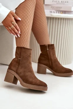 Botki Damskie Na Słupku Ocieplane Eko Zamszowe Brązowe Arkesia